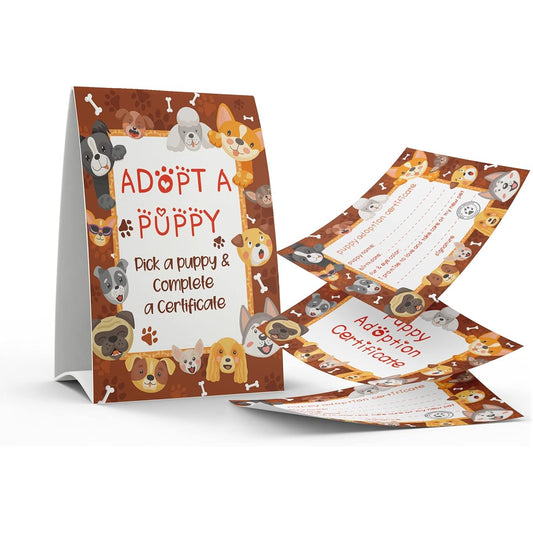 1 Puppy Sign and 10 Puppy Adoption Certificate Set, Great for Parties, Kids Birthday Parties, Classroom Parties/033B