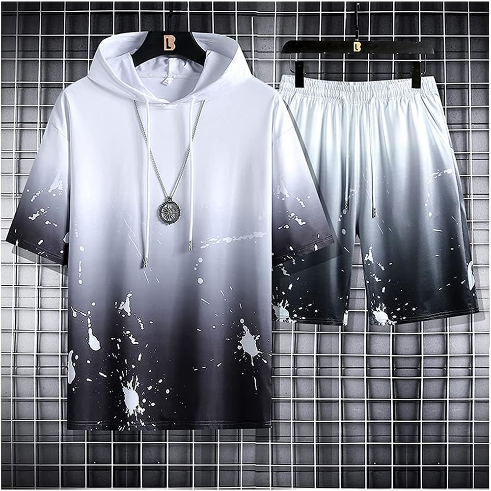 [NOMSOCR] Gradient Parka T-Shirt + Shorts Top and Bottom Set Men's Summer Clothes Short Sleeve Setup Running Wear Sportswear Room Wear Loungewear Hooded