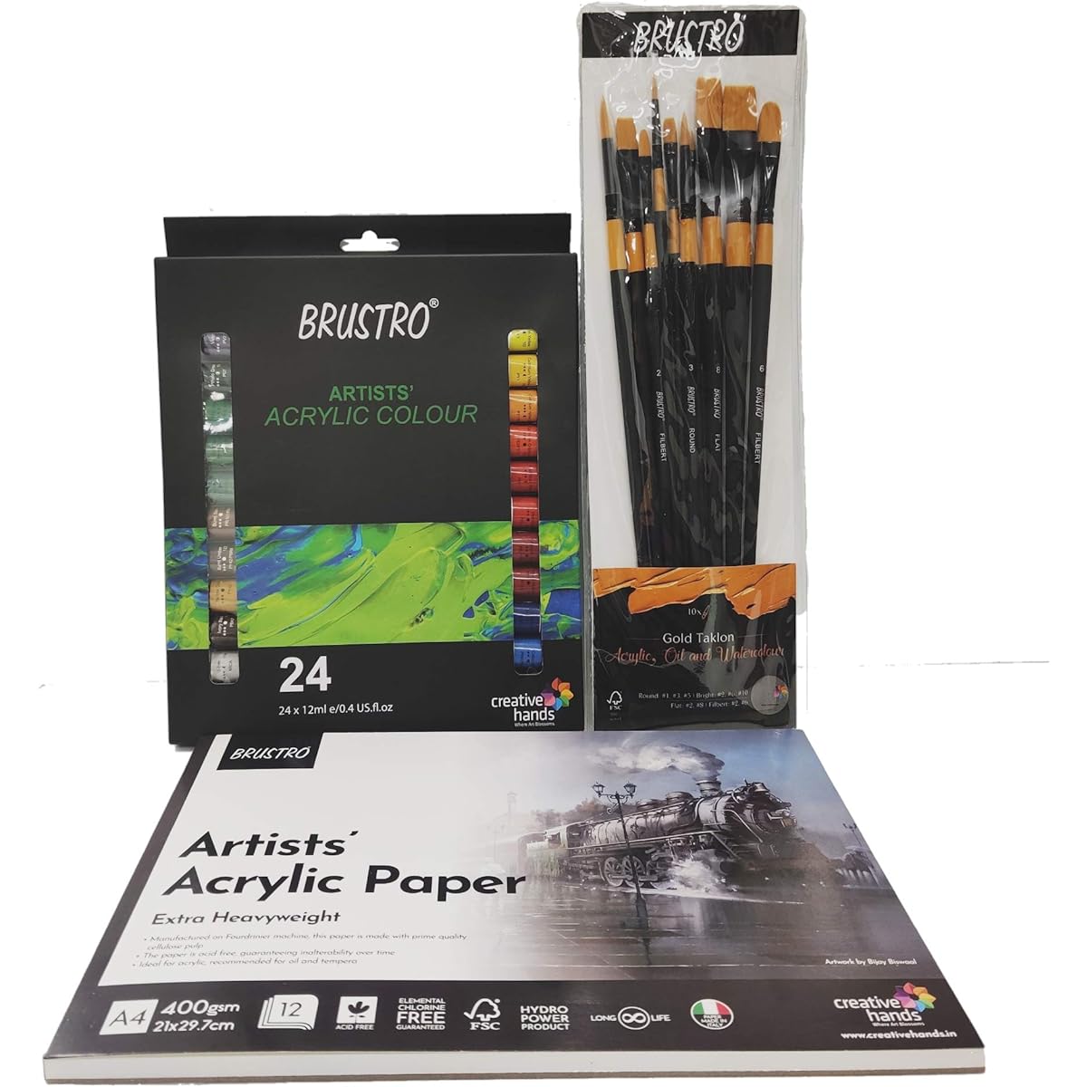 BRUSTRO Artist Acrylic Color Set 24 Colors x 12ml Tubes with Adhesive Pad 400 gsm, A4-12 Sheets, Gold Taklon Brushes 10 Pieces Set 2 Count (1 Pack) Gold, Golden