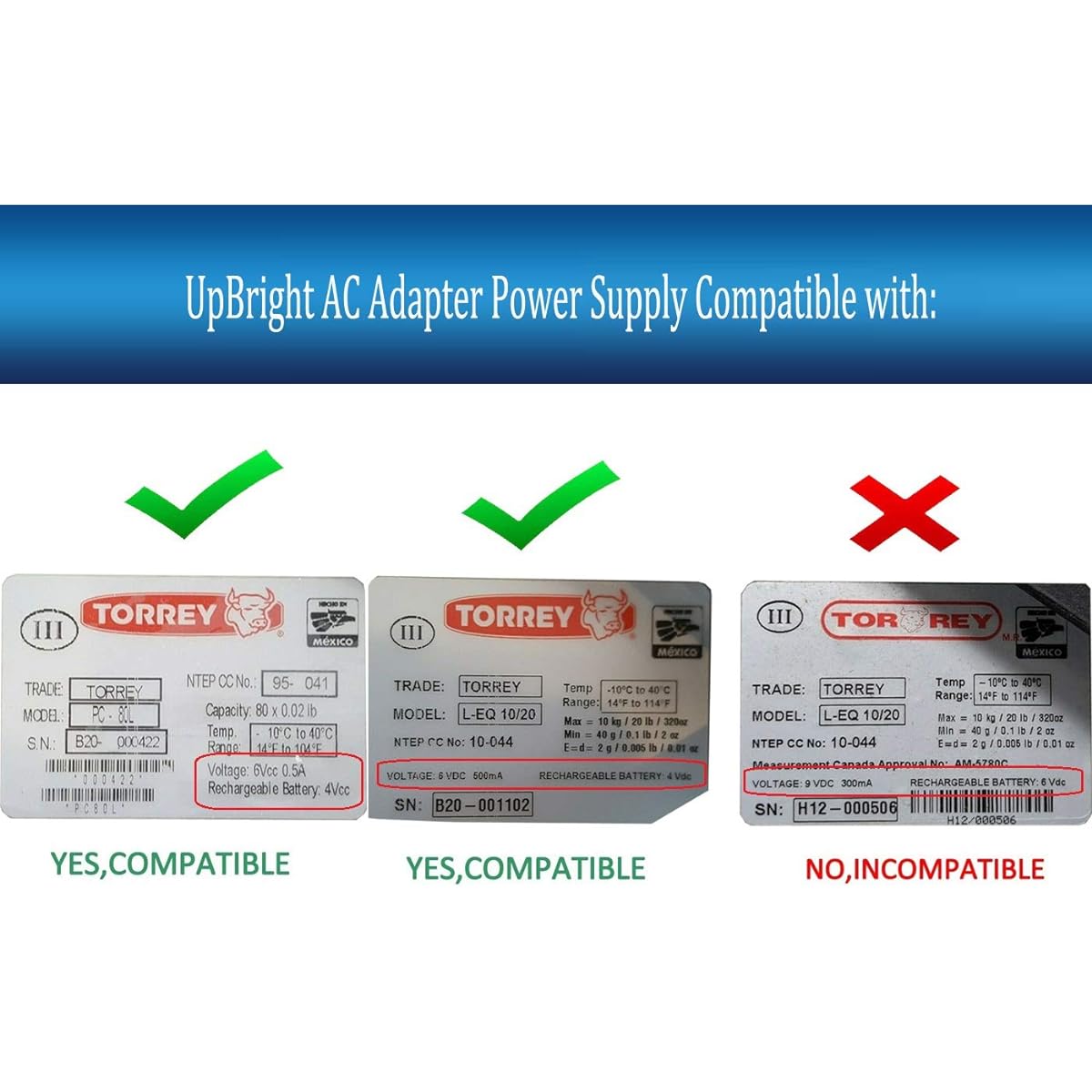 UpBright 6V AC/DC Adapter for TorRey PC-80L PC80L Model PC HS PCHS L-PC-40L LPC-40L LPC40L L-EQ10/20 LEQ HS PC L-PC L-EQ Series Scale Battery 4Vdc Voltage 6Vdc Power Charger