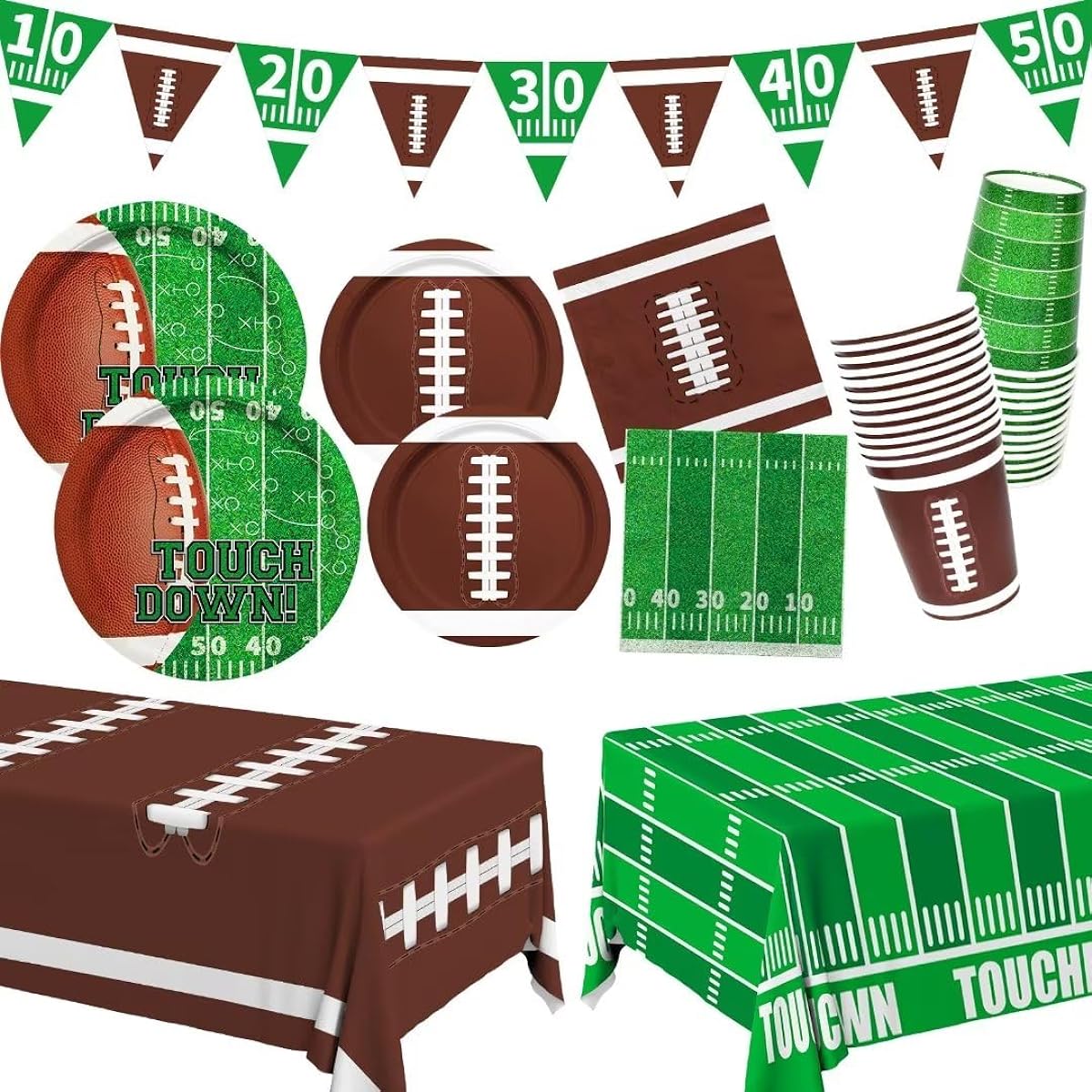 Football Party Supplies Kit - 24 Dinner Plates, Dessert Plates, Napkins, Cups, Banner and Touchdown Tablecloth - Football Birthday Party, Football Game Day Tailgate Party Decorations