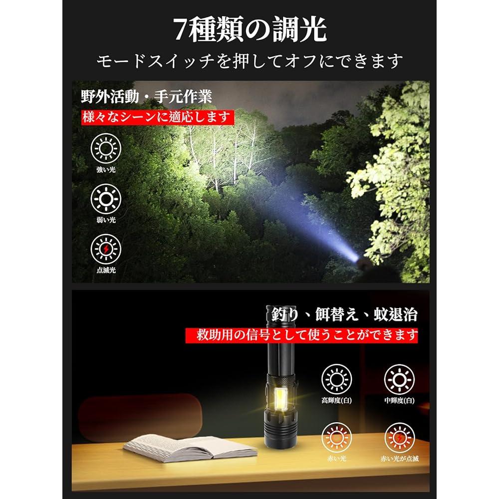 QAQQVQ Flashlight, LED Light, Powerful, Military Handlight, Type-c, USB Rechargeable, 5,000 mAh, Large Capacity, Battery Mobile, Power Function, Remaining Level Indication, White & Red Lamp, COB Work