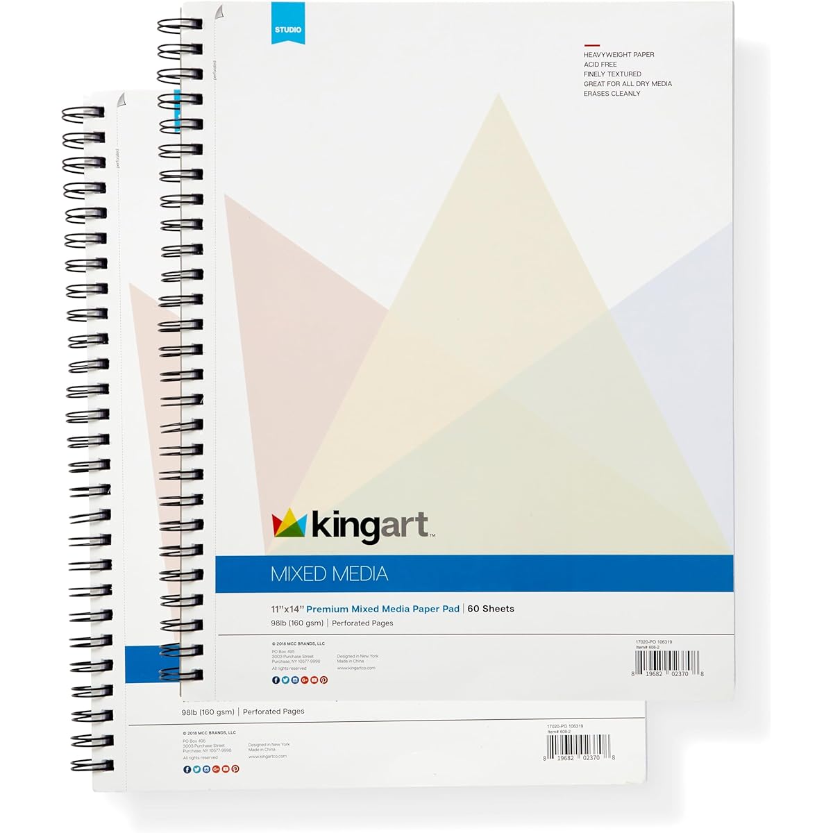 KINGART Mixed Media Sketchbook 11 x 14 Inch 60 Sheets 35lb/160g Acid Free Paper Micro Perforated Spiral Bound Wet & Dry Media Set of 2
