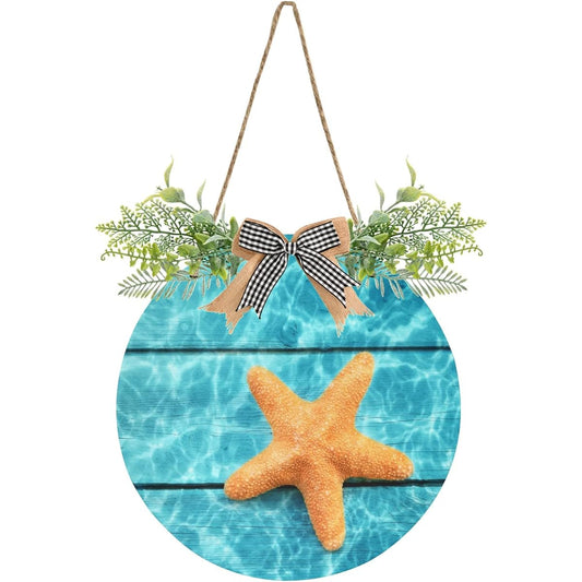 Starfish Seawater Door Wreath for Front Door Outdoor Summer Beach Round Hanging Sign Home Decor Holiday Porch Wall Farmhouse Indoor Outdoor Decor