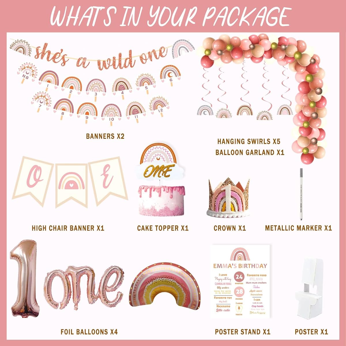 107 Pieces Boho 1st Birthday Decorations for Girls Fiesec Boho Rainbow 1st Decorations Bohemian Balloon Garland Monthly Photo Highchair Banner Cake Topper Crown Poster She's a Wild One Retro Pink