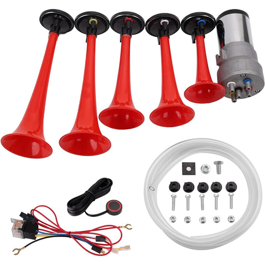 AOLIHAN Musical Air Horn Loud Five Trumpet La Cucaracha Music Sound Horn Full Complete Kit with Mounting Wires and Buttons Red 12V (LACUKARACHA Kit)