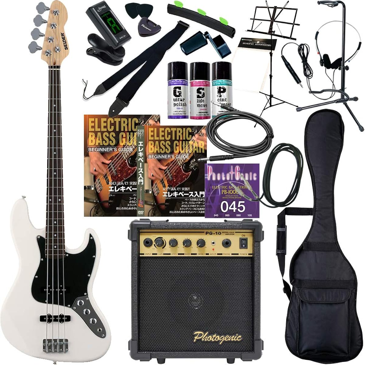 SELDER Bass Jazz Bass Type JB-30/WH Beginner 20-piece Set