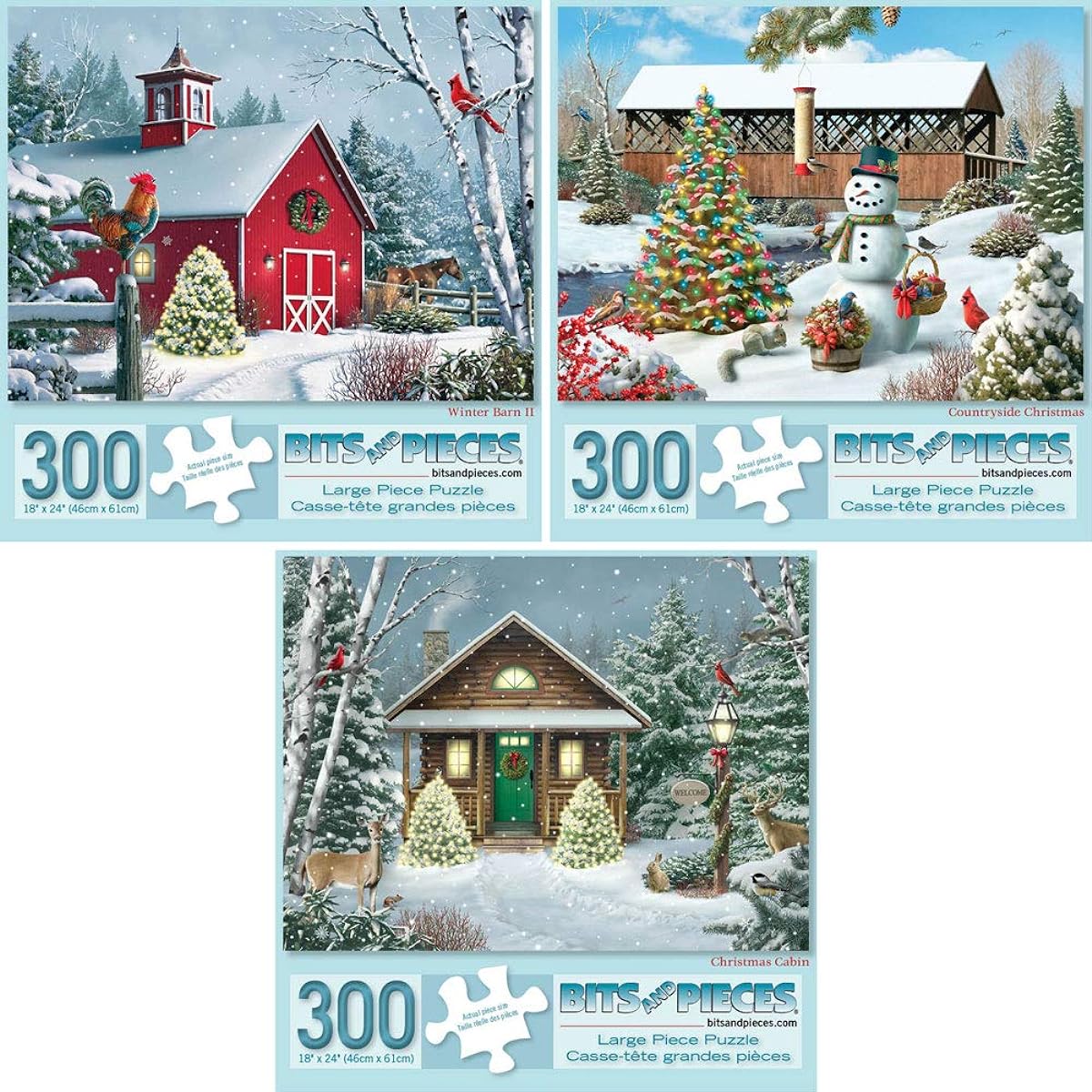 Bits and Pieces 300 Piece Jigsaw Puzzle for Adults - Winter Barn II Country Christmas Christmas Cabin 300 Piece Holiday Snow Snowman Jigsaw Artist: Alan Giana
