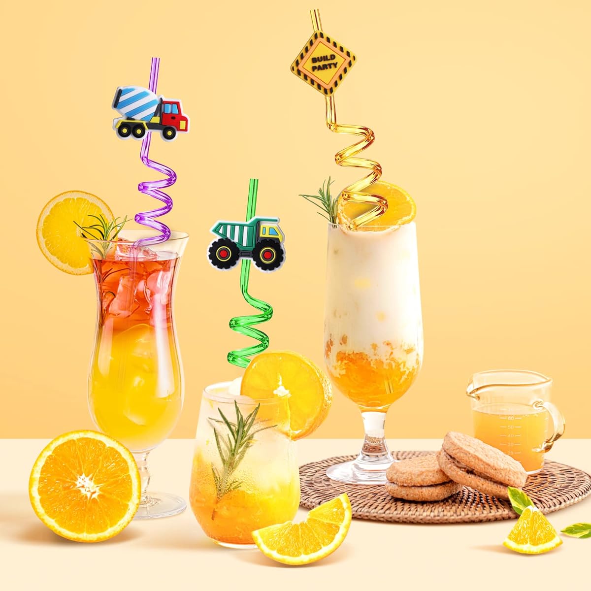 24 Construction Party Favors Straws Construction Birthday Party Supplies Excavator Bulldozer Blender Truck Construction Theme Birthday Party Supplies with 2 Cleaning Brushes