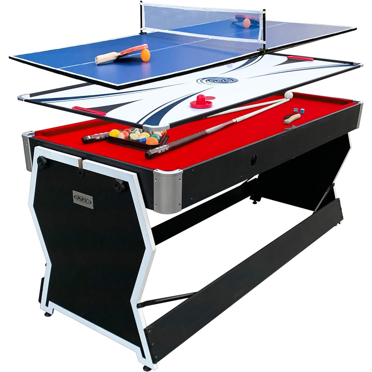 PUCK Cyclone 6ft 3-in-1 Multi-Game Air Hockey Table (Black) Includes Full Premium Pool Table, Ping Pong Table, Air Hockey Table and Accessory Set for Game Room, Home, Office