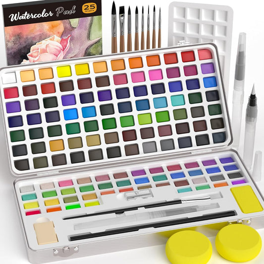 Nicpro 128 Colors Watercolor Paint Set Metallic Macaron & Fluorescent, 8 Squirrel Paint Brushes, 25 Watercolor Paper, Palette, Art Supplies Kit for Artists, Adults, Kids, Beginners with Gift Box