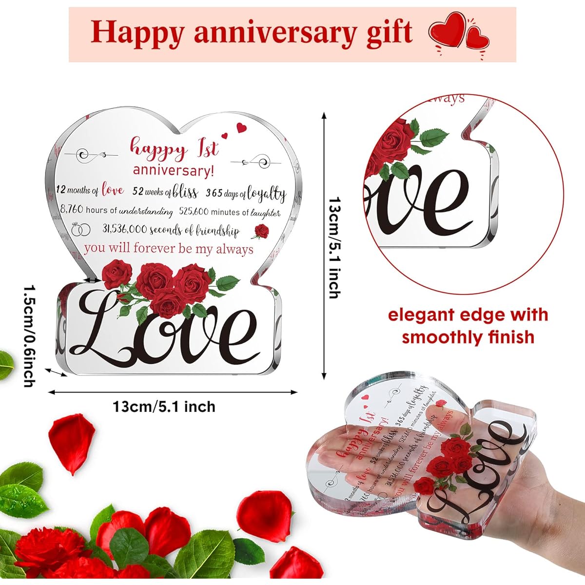 Wedding Anniversary Wedding Gifts Wife Gift Heart Love Keepsake Decoration Gifts for Women Husband Girlfriend Boyfriend Acrylic Rose Desk Table Centerpiece