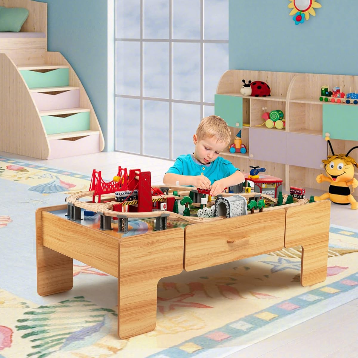 Costzon Train Table 2-in-1 Children's Activity Table with Storage Drawer, 100 Pieces Multicolor, Railway Track Car City DIY Design, Reversible Tabletop, Gift for Boys and Girls, Wooden Train Set (Natural)