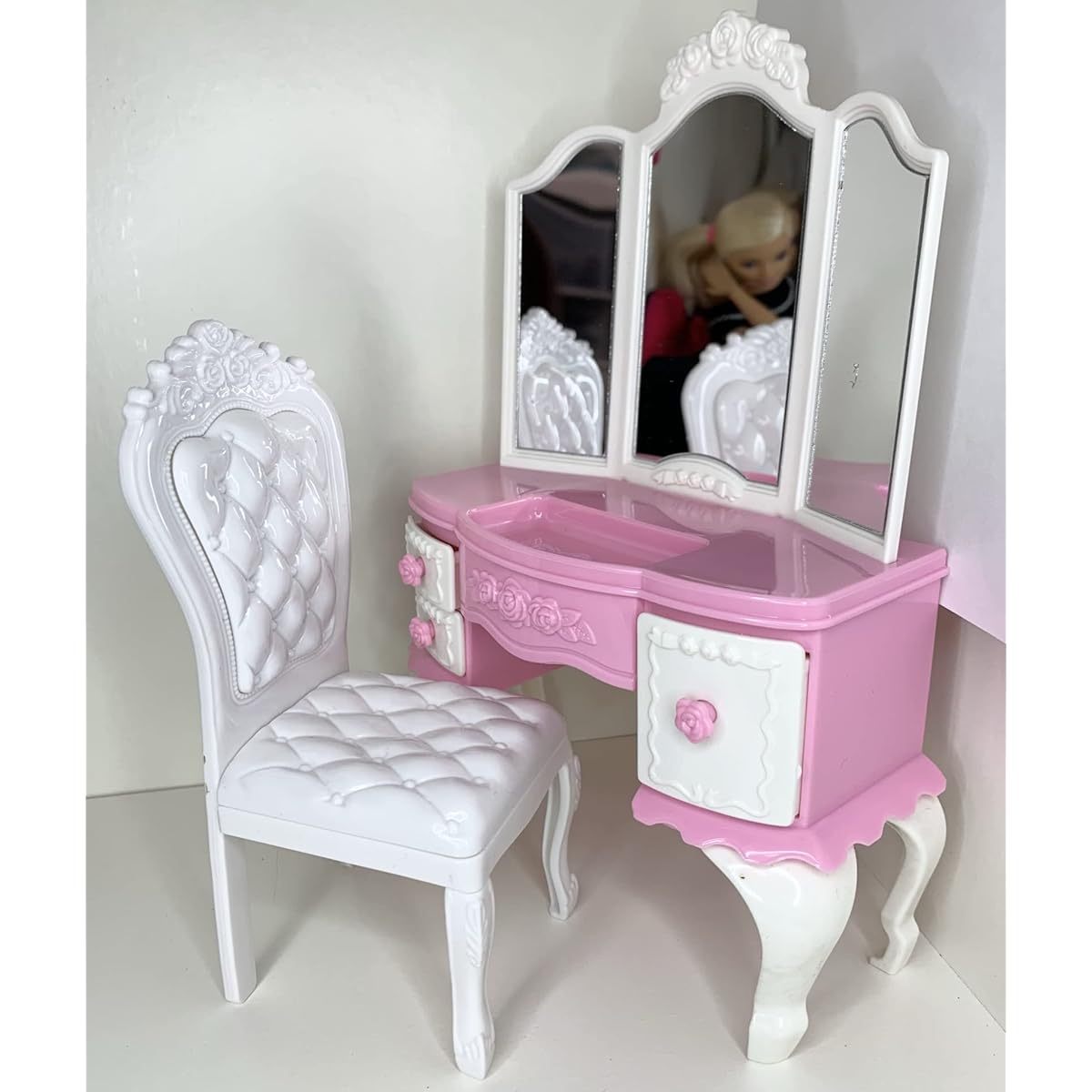 1:6 Dollhouse Furniture Pink White Dressing Table Set with Chair & Mirror for 11.5 Inch Fashion Doll