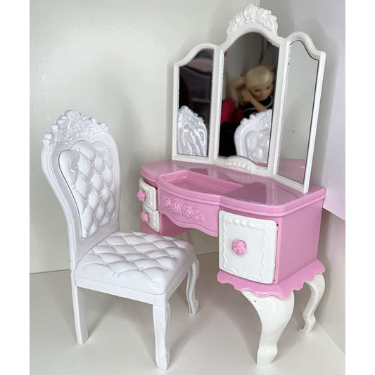 1:6 Dollhouse Furniture Pink White Dressing Table Set with Chair & Mirror for 11.5 Inch Fashion Doll