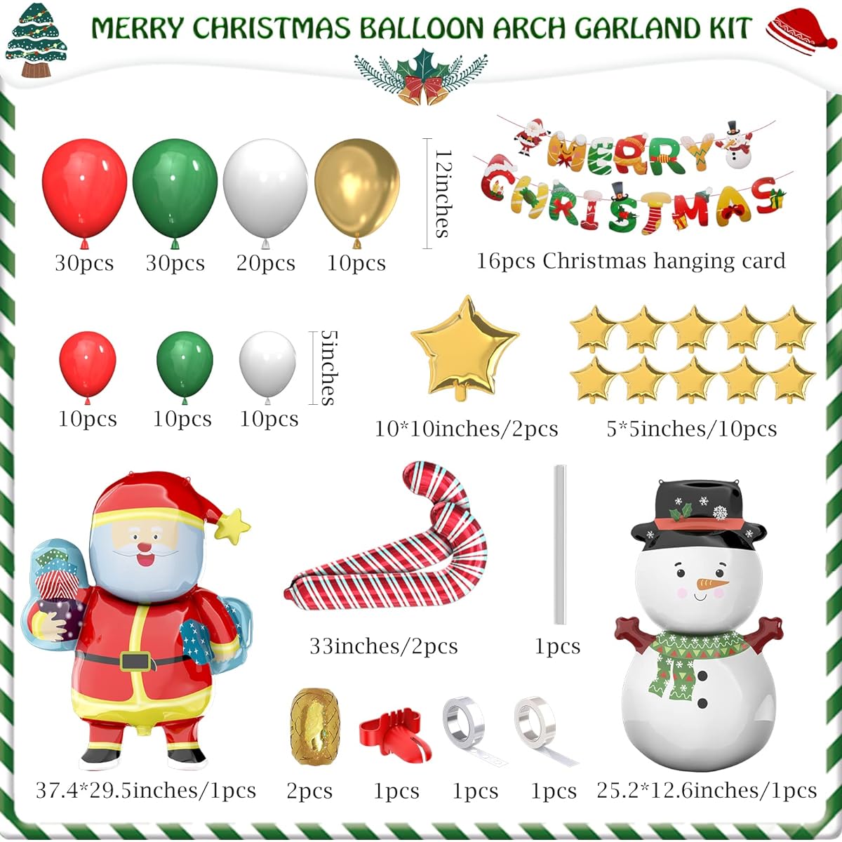 Christmas Balloon Garland Arch Kit 143 Pieces Christmas Green Red White Gold Red Santa Claus Candy Balloon Snow Men Gold Star Balloon with Merry Christmas Banner Christmas Party Decoration