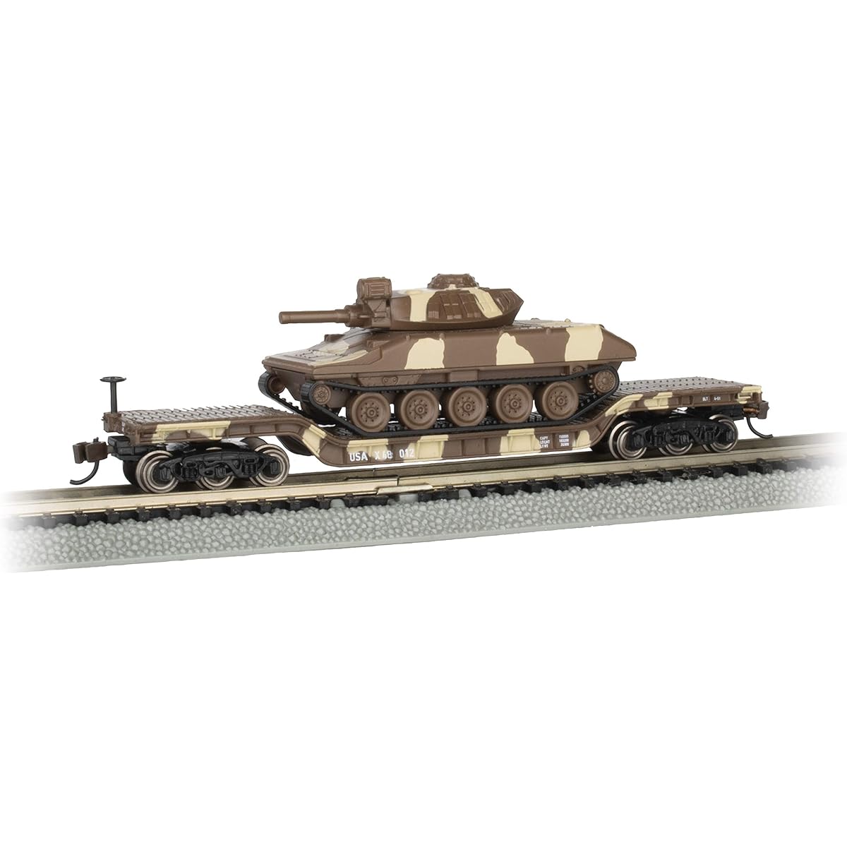 Bachmann Trains - 52' Center Depressed Flat Car with Sheridan Tank - Desert Camo - N Scale