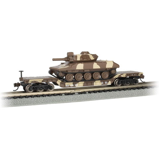 Bachmann Trains - 52' Center Depressed Flat Car with Sheridan Tank - Desert Camo - N Scale