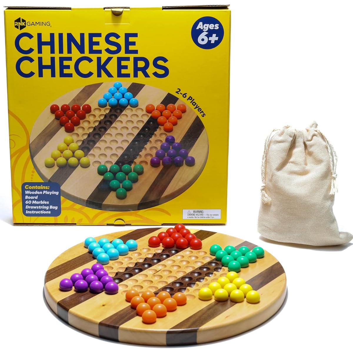 RNK Gaming Chinese Checkers 11.4" Striped Wooden Board Game with Marbles for Kids and Adults