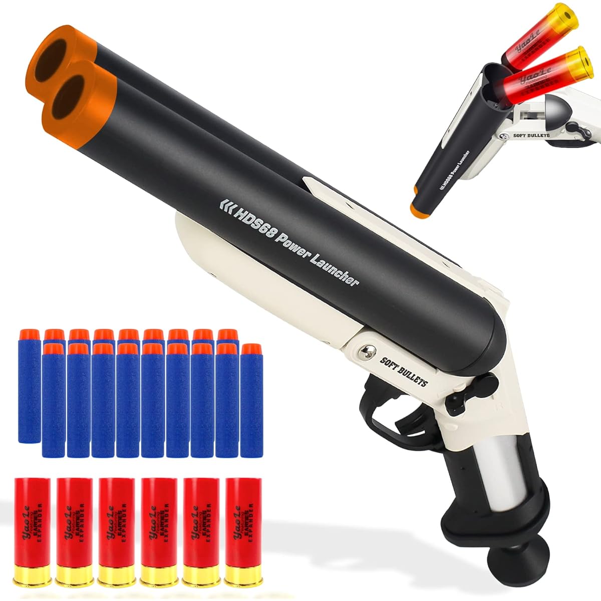 Toy Foam Blaster Double Barrel Toy Foam Blaster Shell Shooting Foam Dart Blaster with 20pcs Soft Foam Darts Outdoor Games Kids Gift (Black)