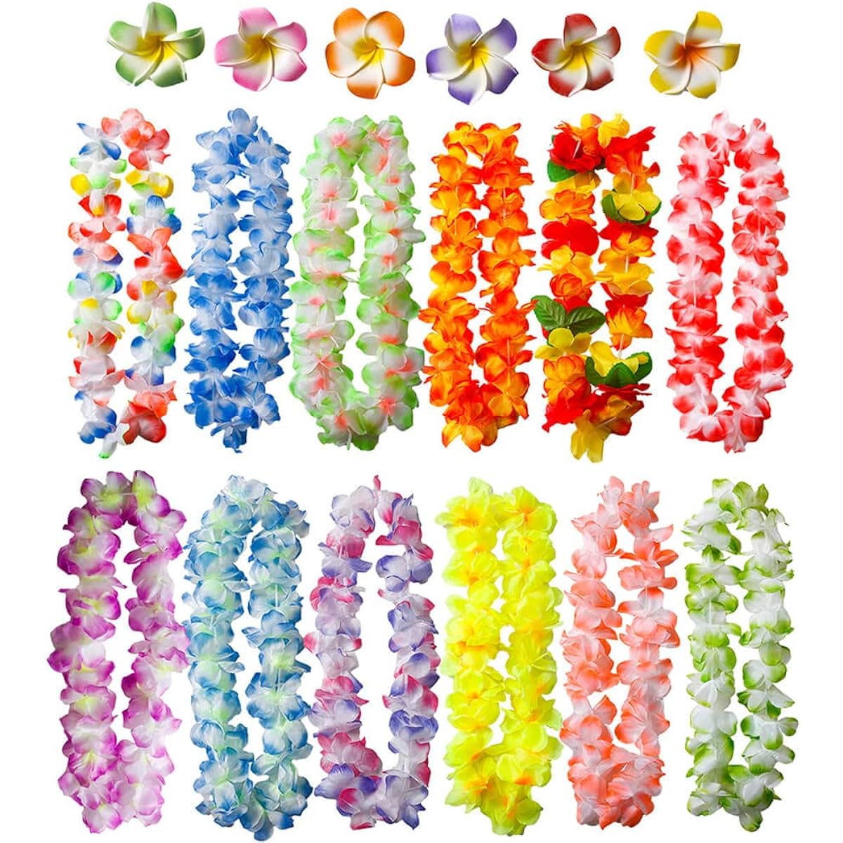 Besfony 50pcs Hawaiian Leis Luau Party Supplies Stretchable Flower Necklaces Headbands and Wristbands - Tropical Hawaiian Decorations