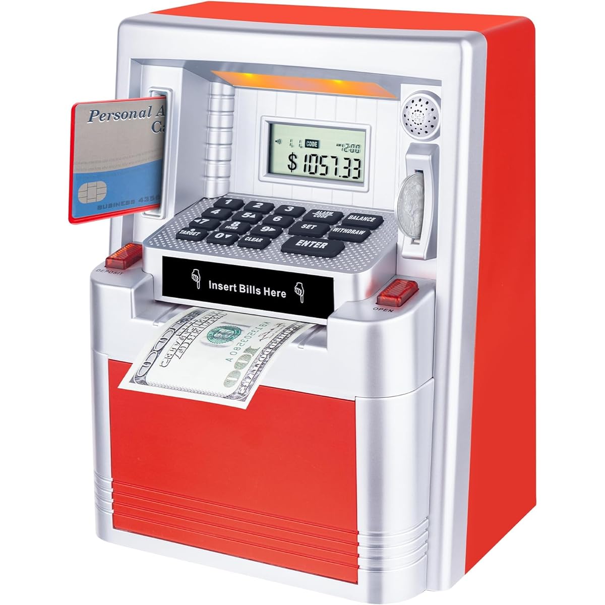 Qiekaka ATM Piggy Bank Real Money for Adults Kids Safe Bank Mini ATM Machine Electronic Piggy Bank Girls Boys Gift Ideas (Silver Red)