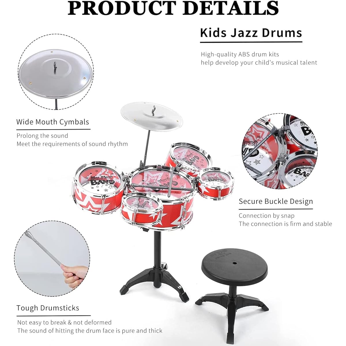 Gaeirt Drum Set Toy for Kids Plastic Simulation Jazz Drum Toy with Stool, Toddler Drummer Kit, Stimulate Musical Talent, Best Gift for Kids Ages 3+ (Red)