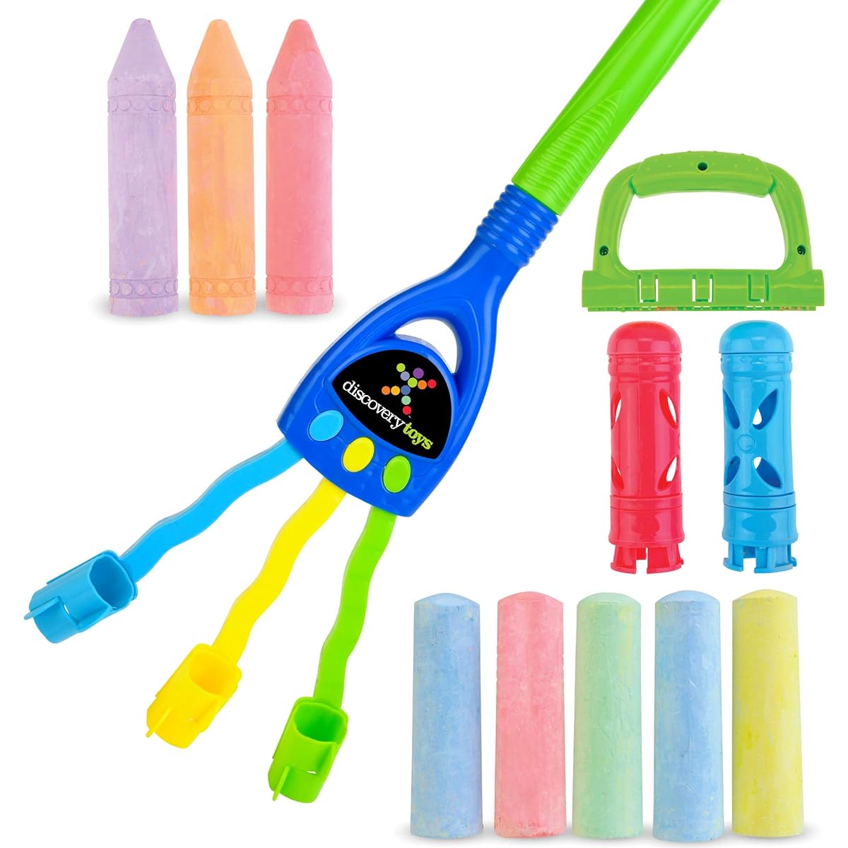 Discovery Toys Outdoor Chalk Rake Low Dust Sidewalk 12 Piece Chalk Fun Set, Learning for Kids, Chalk Stick Holder Set, Toys for Imagination, Childhood Development, Ages 3+