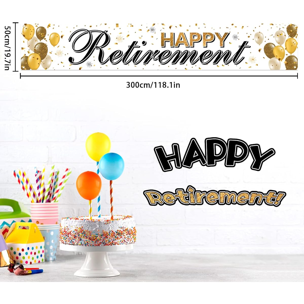LASKYER Happy Retirement Gold Yard Sign Banner - Cheers to Retirement Home Wall Photo Prop Backdrop Farewell Party Decorations (10ft x 1.5ft)