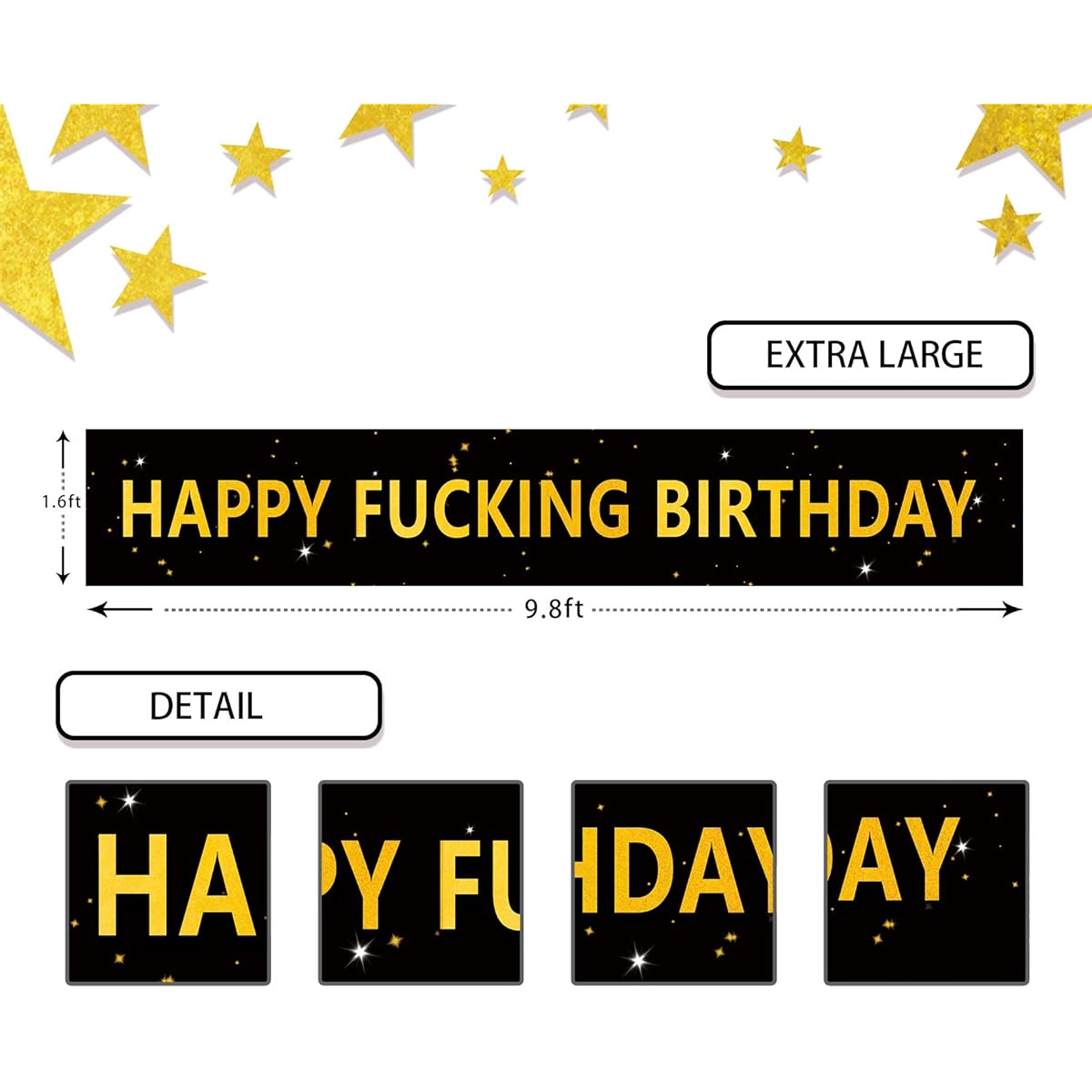 Happy Fuxking Birthday Banner, Funny Happy FING Birthday Sign, Birthday Decorations Party Supplies for Men Women Black Gold (9.8 X 1.6 Feet)