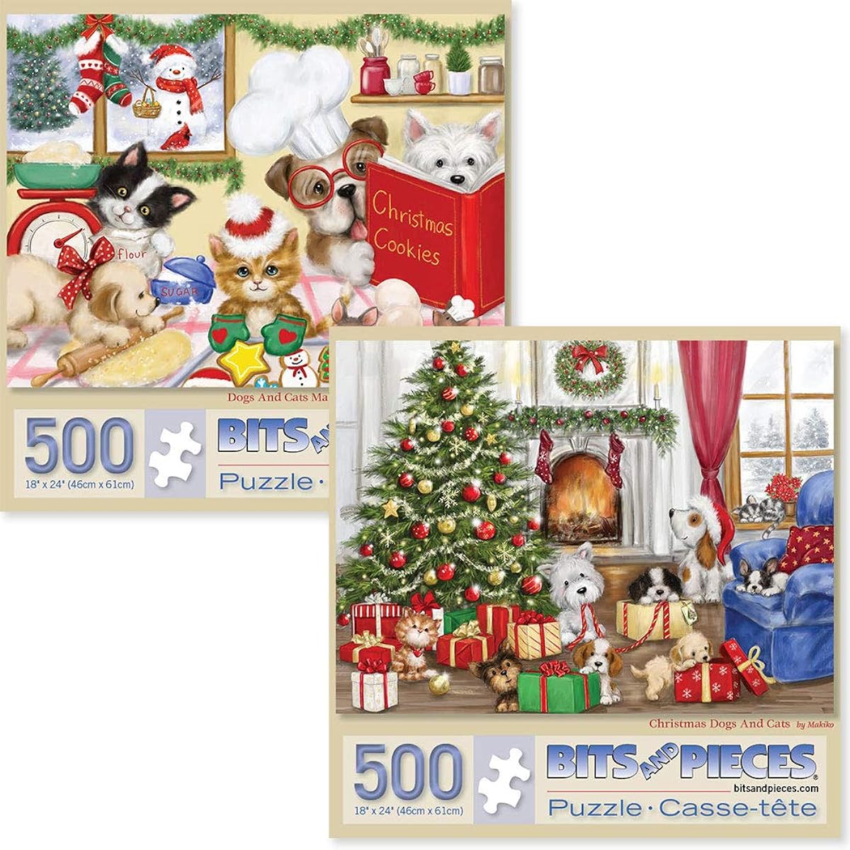 Bits and Pieces - Set of 2 500 Piece Jigsaw Puzzles for Adults - Each puzzle measures 16" x 20" - Christmas Dog and Cat Jigsaw by Artist Makiko