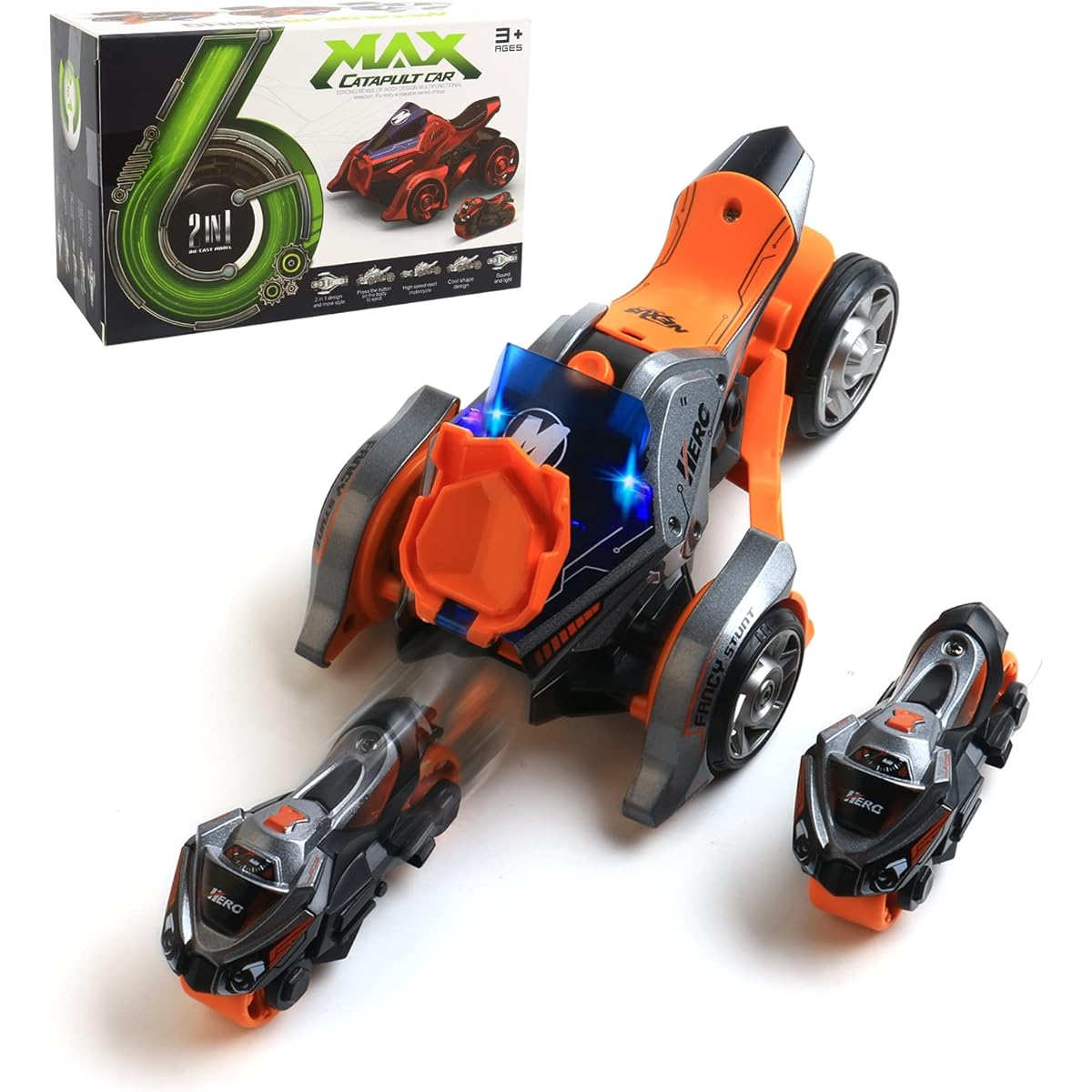 STONESTAR Pullback Bike Toy 3-in-1 Alloy Die-Cast Motorcycle Launcher Toy with Sound & Light Trinity Chariot Catapult Toy Car Birthday/Christmas Gift for Boys/Girls Ages 3 and Up (Orange)