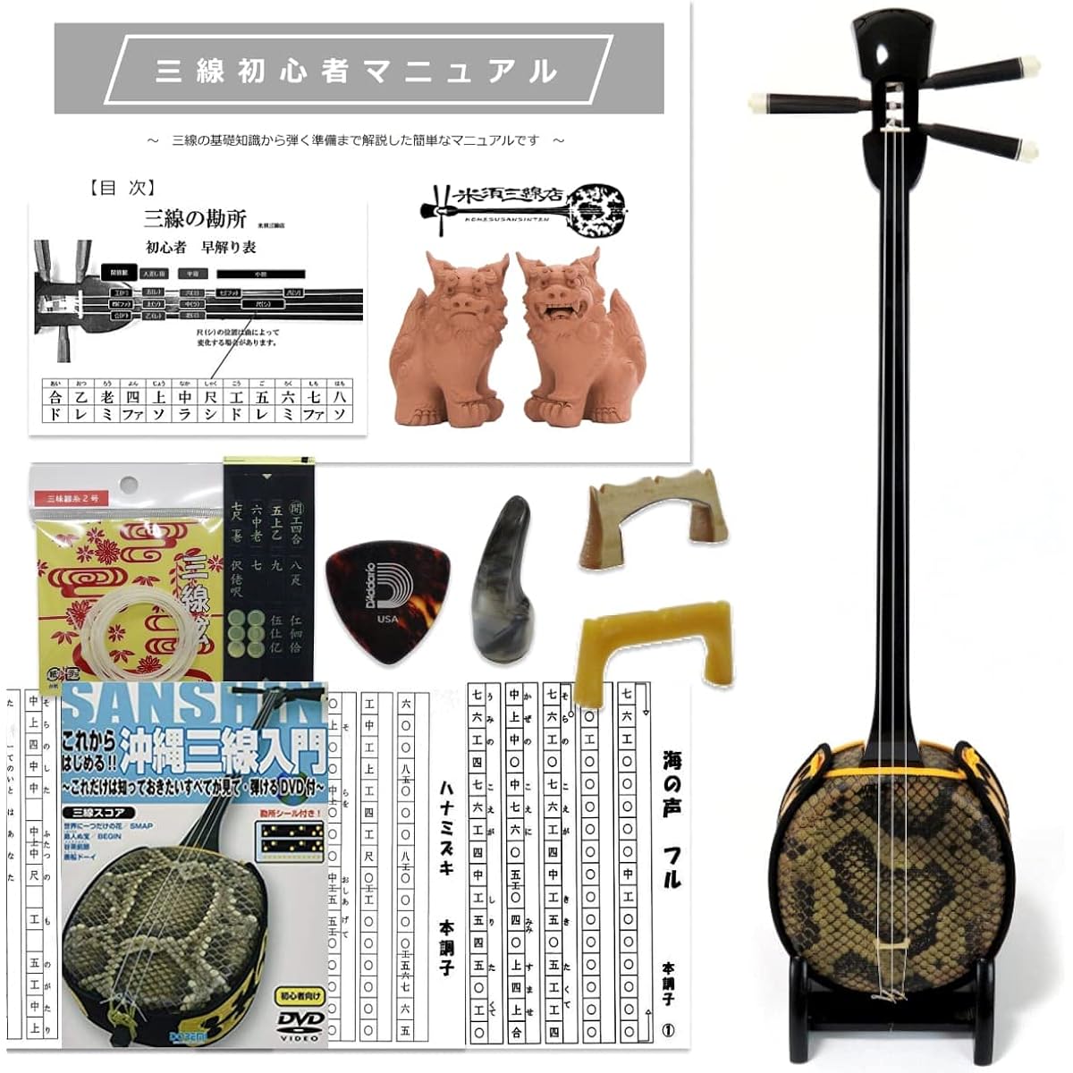 Standard size Okinawan sanshin, beginner's basic set + textbook with DVD [Umi no Koe, Ito, Hanamizuki sheet music included!]