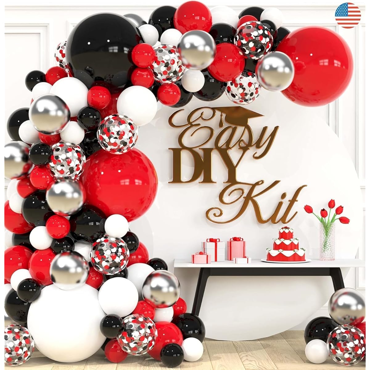 SHERYL DECOR White Red Black Balloon & Garland Kit for Unisex, Adults, All Ages, Birthday, Graduation, Baby Shower Decorations, Includes Confetti Balloons, 100 Pieces