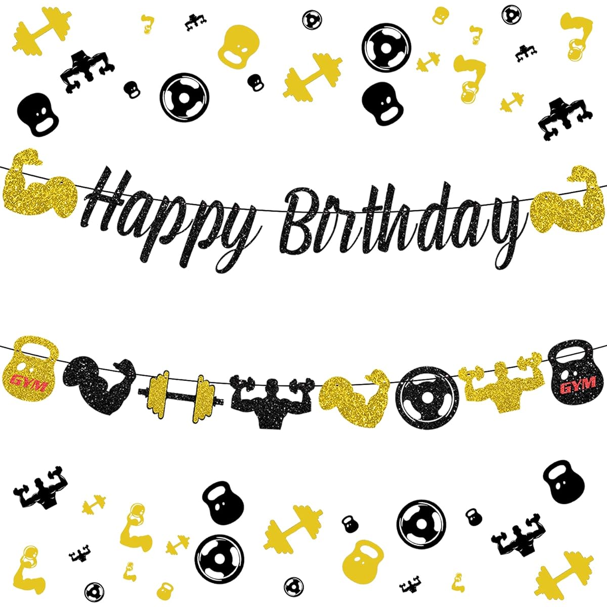 Gym Happy Birthday Banner Glitter Black and Gold Fitness Themed Birthday Banner for Men Fitness Themed Birthday Decorations Weightlifting Party Supplies