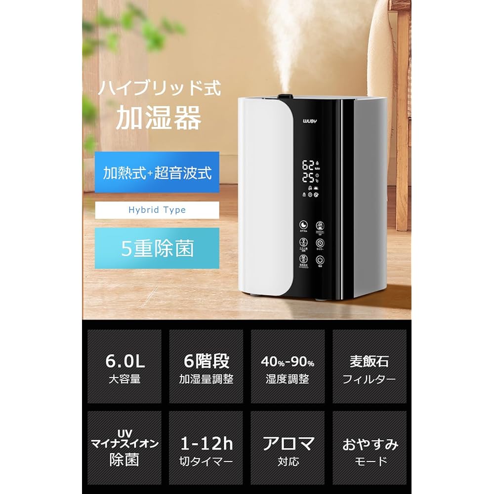 Humidifier, large capacity, 6L [New in 2024, 5-layer sterilization purification & negative ions] Tabletop humidifier, heating type