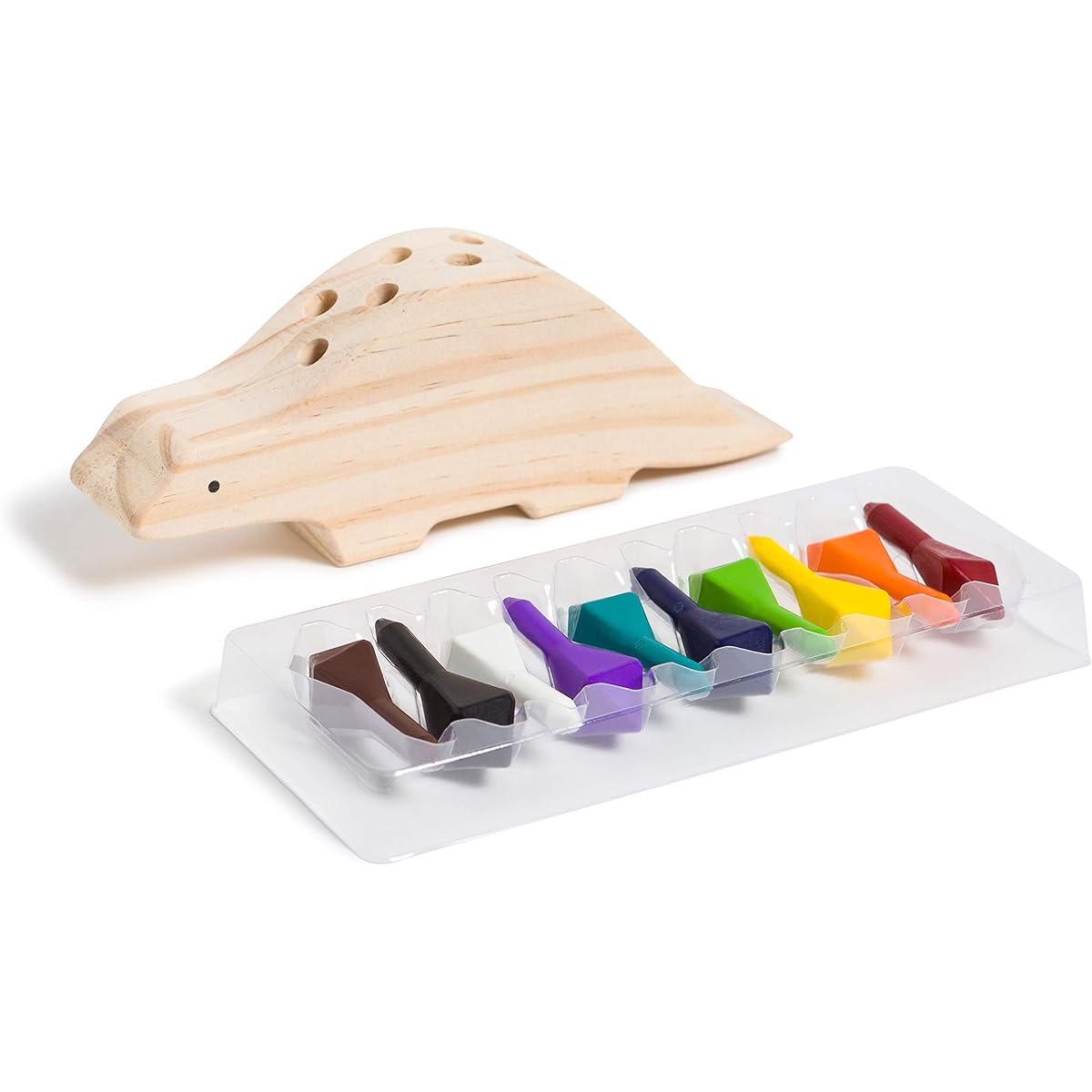 U Brands U Play Crayon-o-Saurus Dinosaur Holder for Kids, Wooden, Includes 10 Crayons