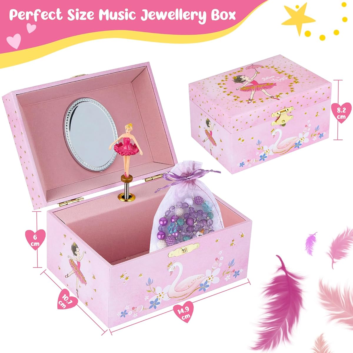 Taduoduo Girls Music Box Jewelry Box Organizer with Jewelry Set Glittering Pink Spinning Ballerina Theme Swan Lake Tune Jewelry Storage and Music Box for Girls