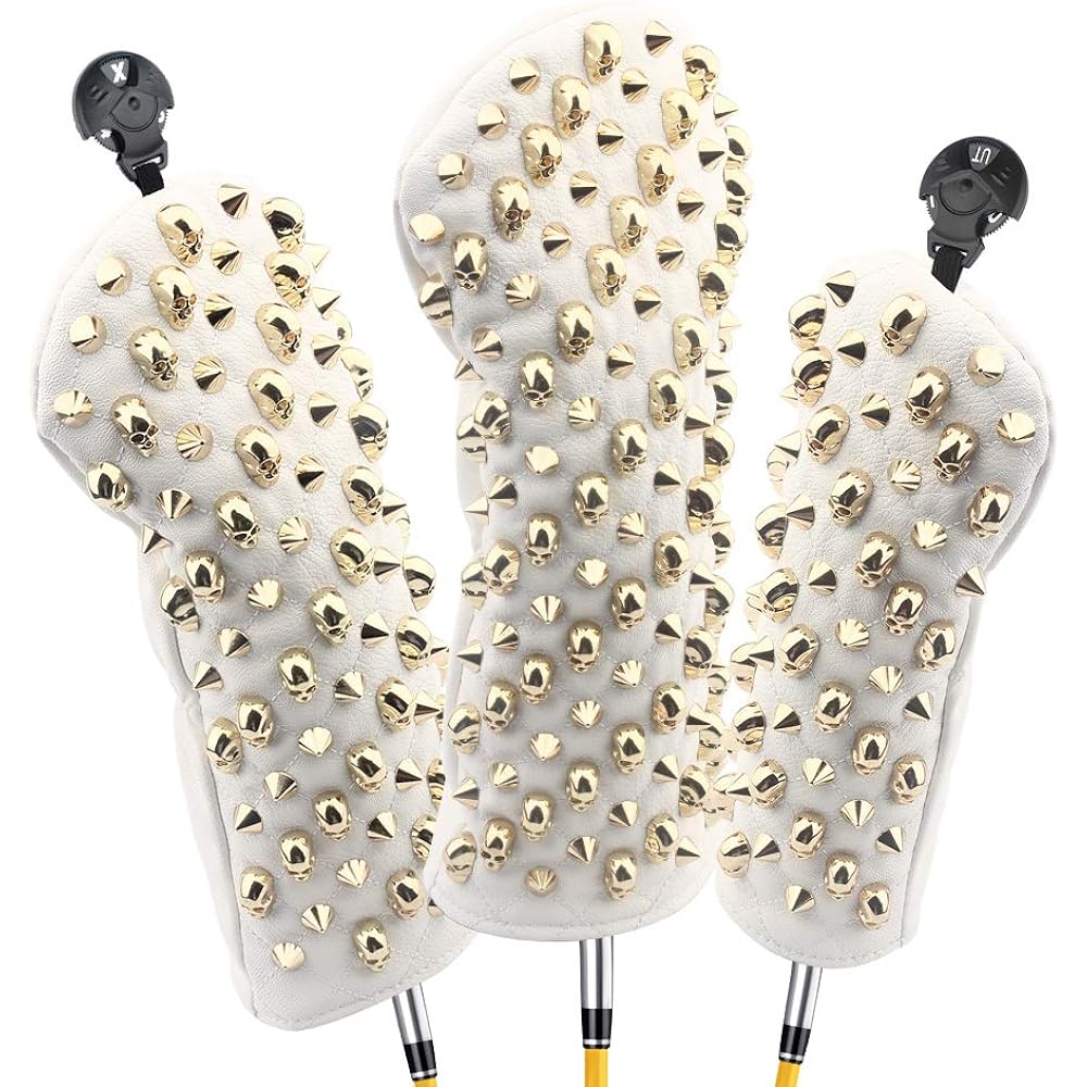 Sunbro Golf Headcover Golf Bling-Bling Gold Skull Rivet Headcovers Driver Cover Wood Cover Utility Cover DR FW UT