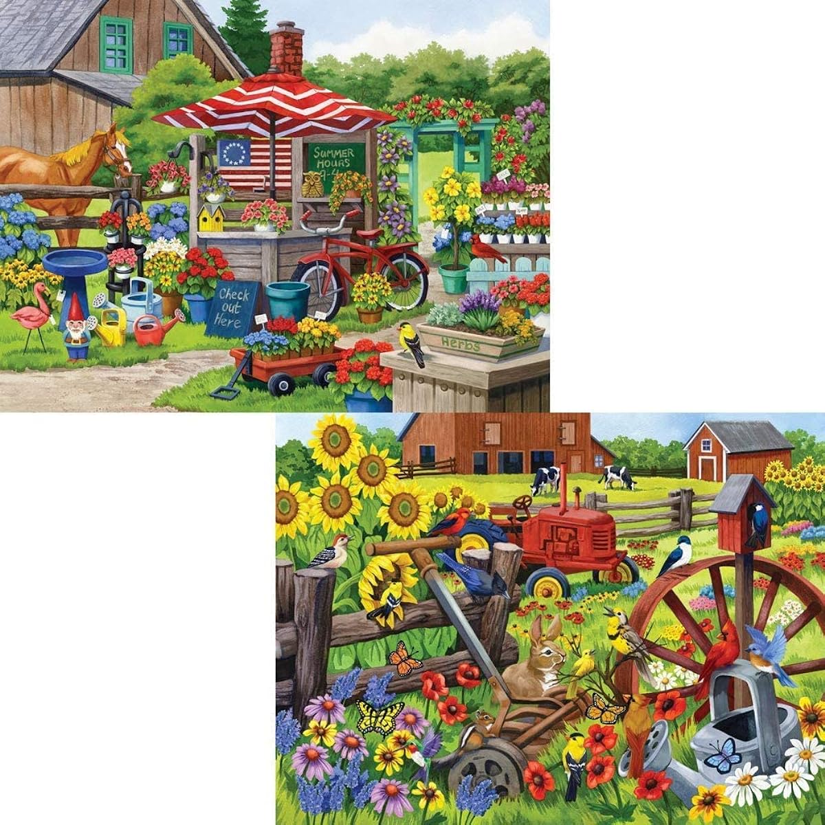 Bits and Pieces - Set of 2 300 Piece Jigsaw Puzzles for Adults - Each Puzzle Measures 18" x 24" - Country Charm Singing in the Meadow 300 Piece Farm Scene Jigsaw by Artist Nancy Wernersbach