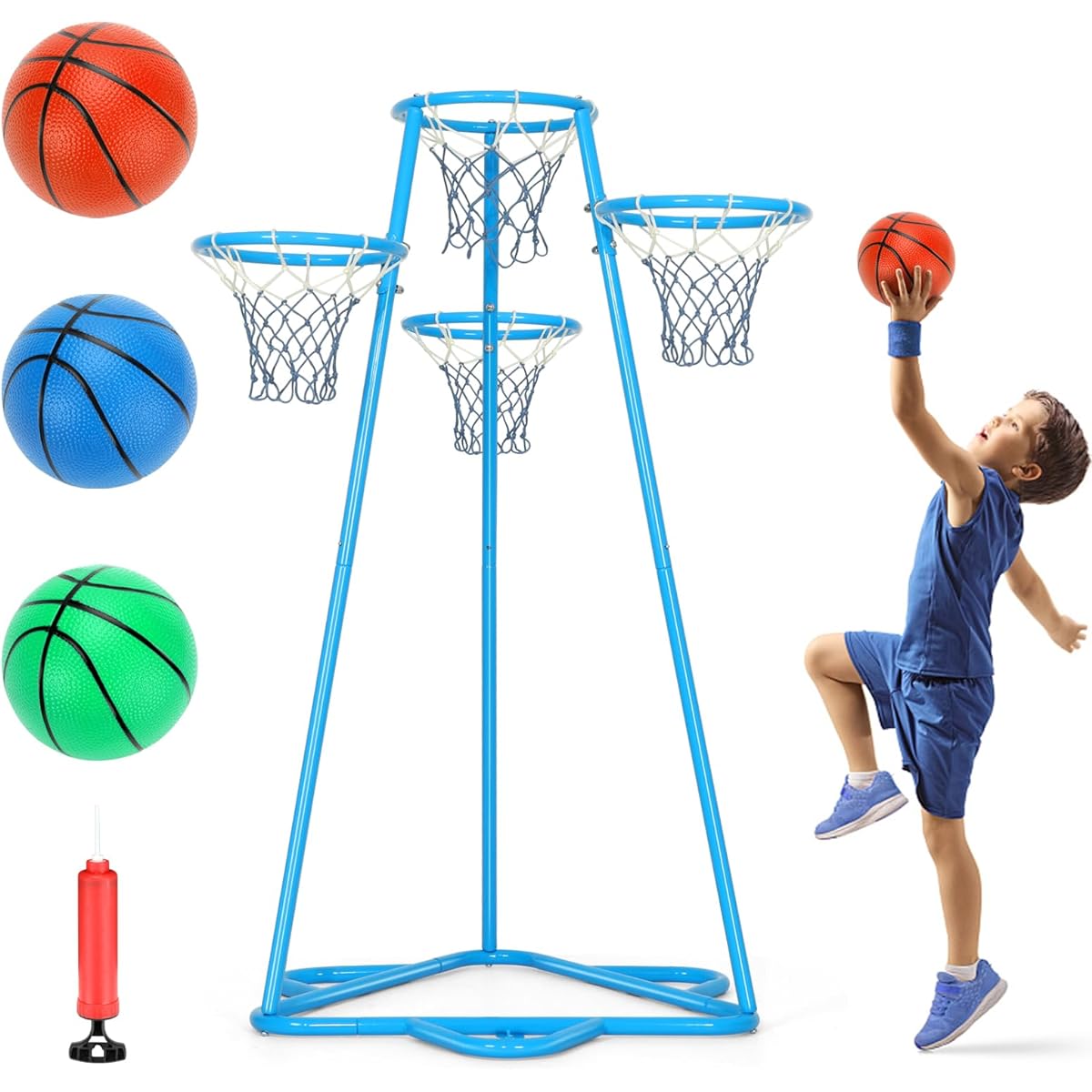Raylinyee Kids Basketball Hoop Portable Basketball Stand Toy Basketball Indoor Outdoor Portable Basketball with 4 Hoops of Various Heights and 3 Balls Toy Set for Ages 3+ (Pale Blue)