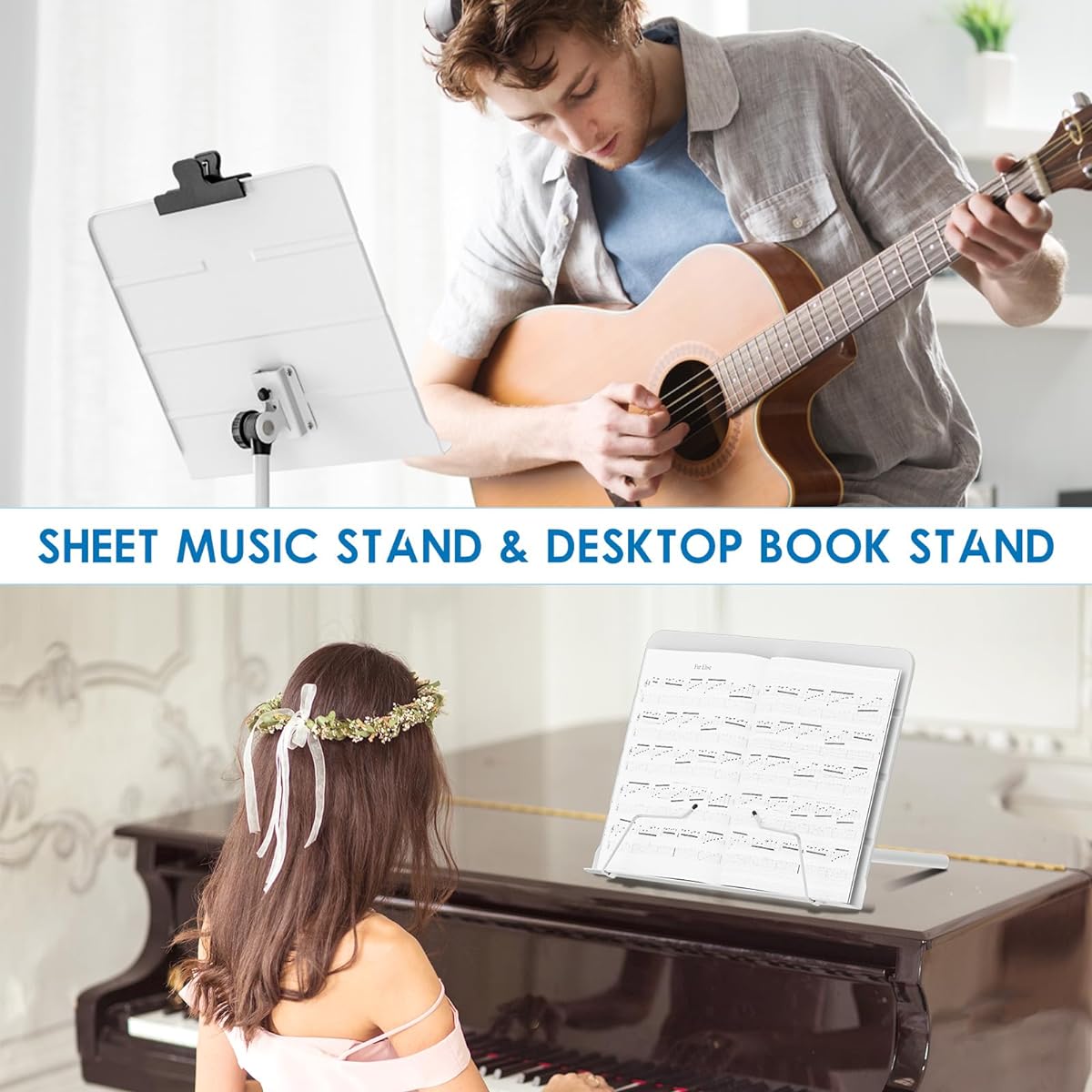 Kasonic Dual-Use Foldable Sheet Music Stand & Desktop Book Stand Portable Carry Bag Sheet Music Folder with Clip Holder (White)