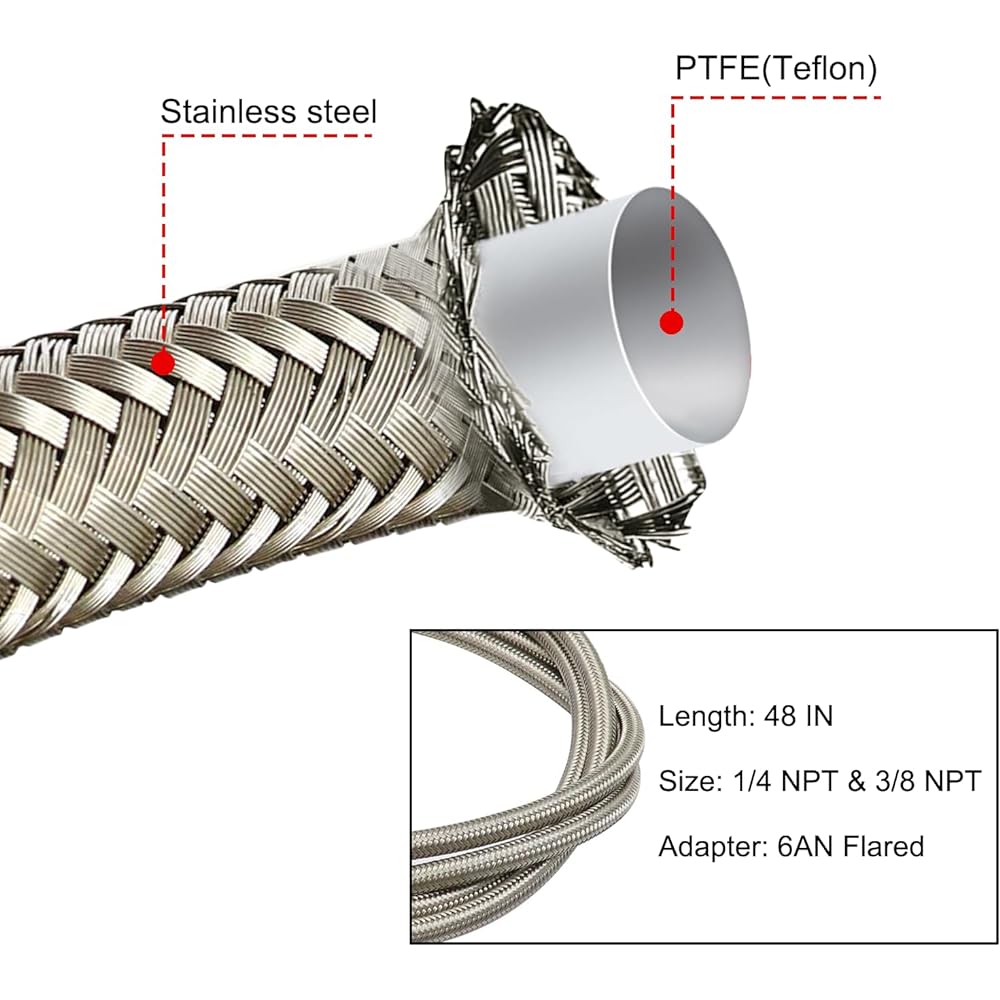 SecosAutoparts Turbo Oil Feed Line 48" Steel Braid 4AN 90 Degree Straight Hose End Pressure Stainless Steel Remote Turbocharger Sensor Teflon 4 AN 551867