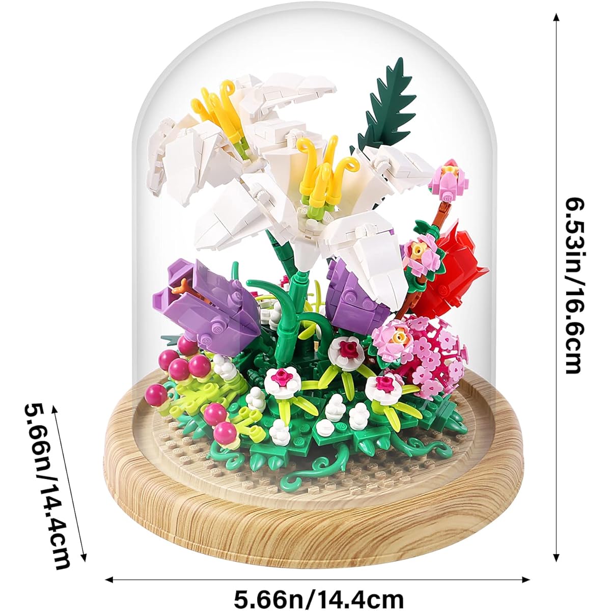 600 Pieces Creative Lily Flower Bonsai Tree Building Set Sweet Lily Building Blocks with Transparent Display Glass Cover Exquisite Decorative Flower Set Always Give Her the Warmest Love