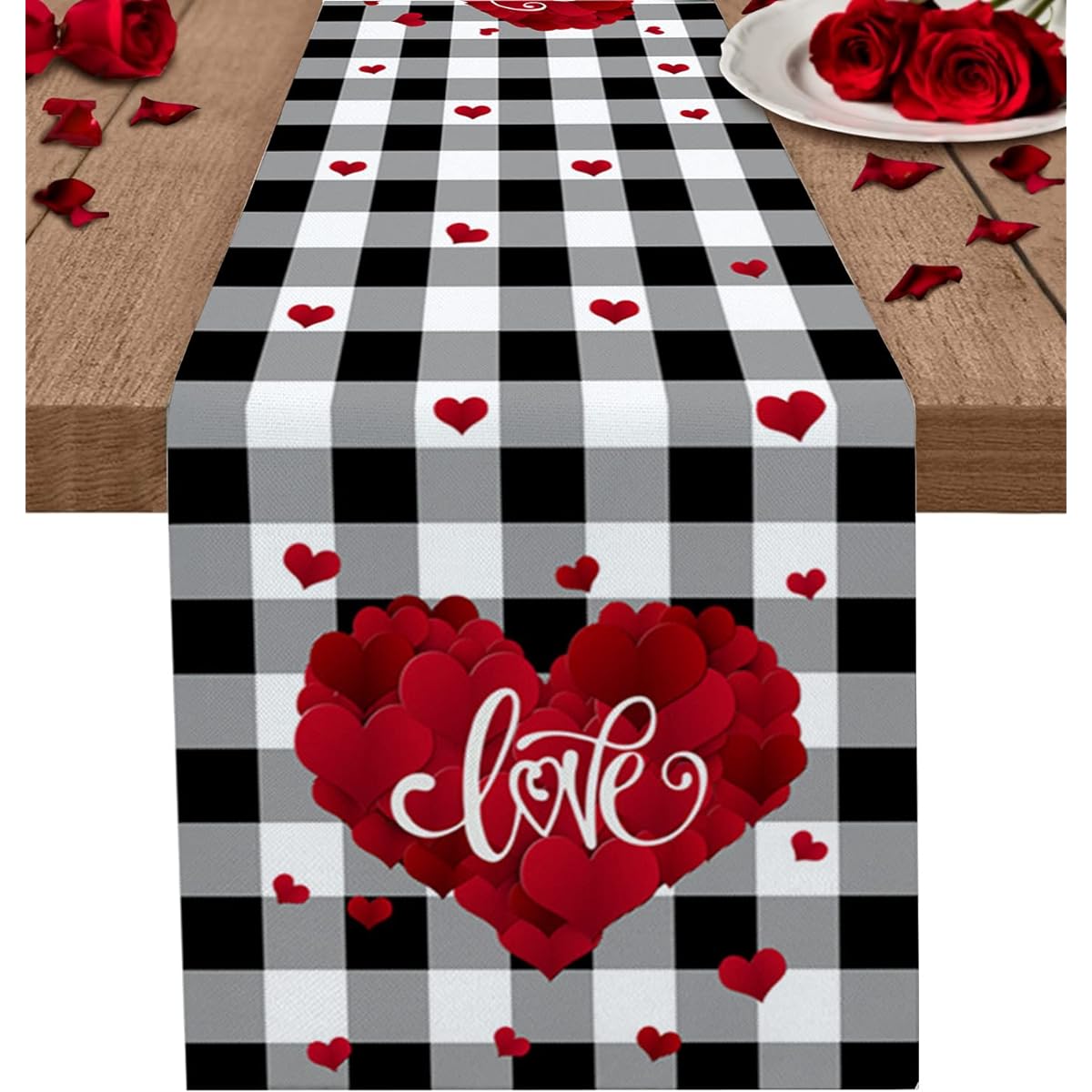 Valentine Table Runner 90 Inch Length - Red Love Heart Cotton Linen Kitchen Dinner Table Runner Decorative Black White Plaid Spring Valentine Burlap Table Runner for Gift/Dresser/Dining/Party/Wedding