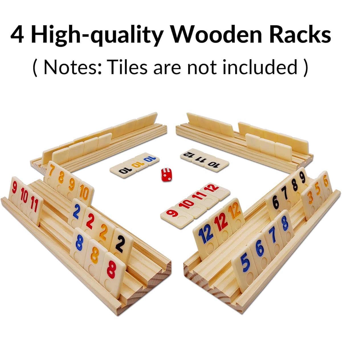 Set of 4 Wooden Rummikub Game Tray/Rack, Rummy Tile Game Holder with 4 Beech Wood Racks for Classic Board Games, Tiles Not Included