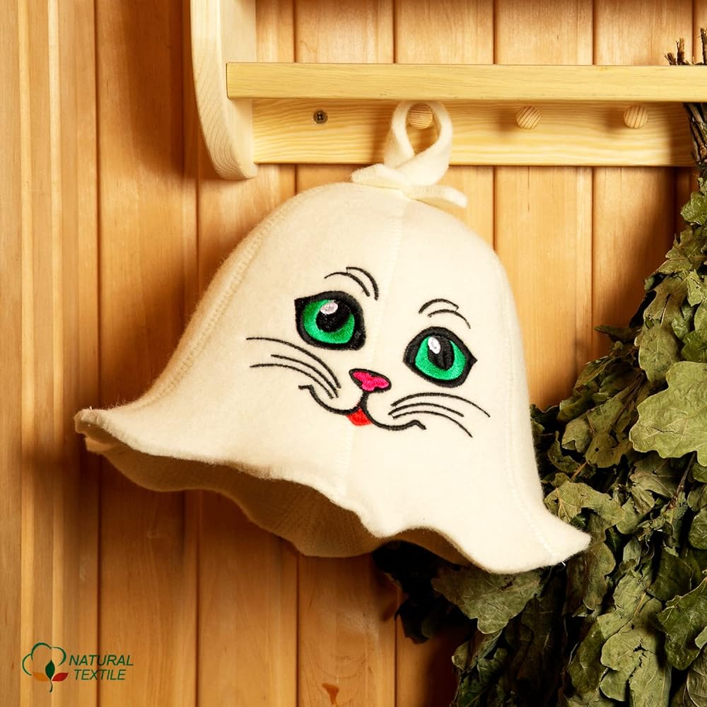 Natural Sauna Hat "Sauna Kitten" White/Gray 100% organic wool material makes you feel like you're in a Russian sauna - Protects your head from the heat - English e-book about saunas Comes with guide – embroidered