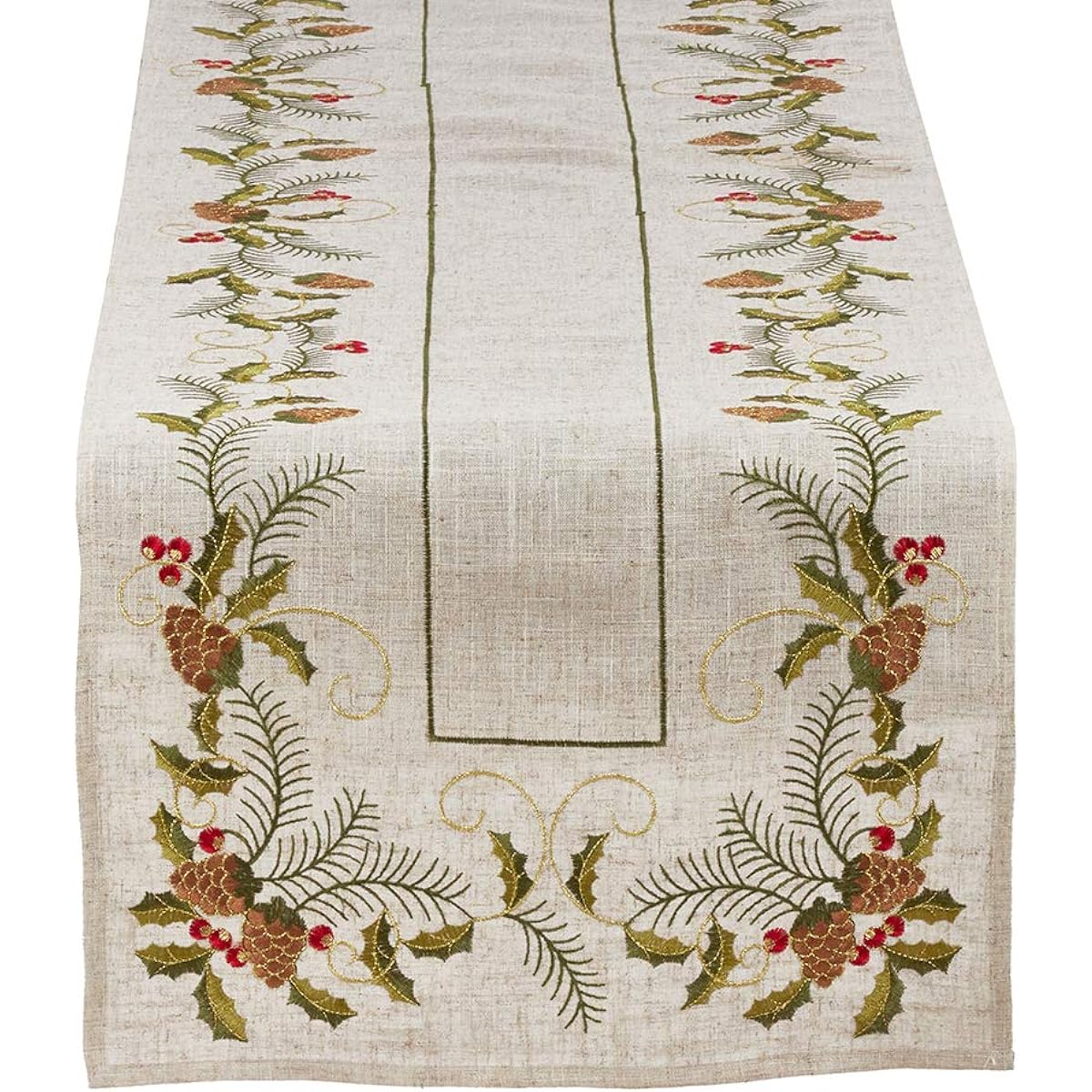 Fennco Styles Holiday Embroidered Pine Cones and Holly Poly Linen Natural Table Linen Collection 16"x68" Rectangular