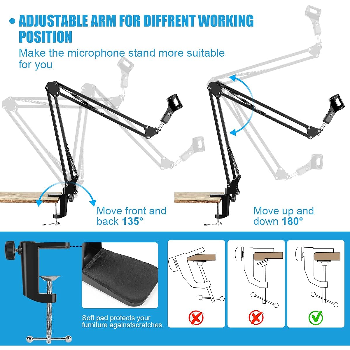 RenFox Microphone Stand, Adjustable Microphone Stand Desk Suspension Scissor Arm Mic Boom Arm for Blue Yeti/Snowball & Other Microphones for Professional Streaming, Voiceover, Recording, Gaming
