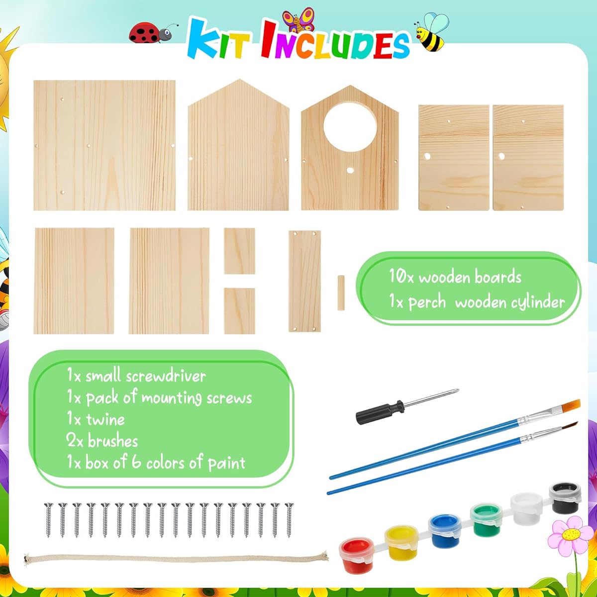 Liliful 4 Pack Birdhouse Kit, DIY Wooden Birdhouse with Paints and Paintbrushes, Arts & Crafts Painting Kit for Boys, Girls, Adults, Paint-As-You-Go Fun Classroom Birthday Indoor Outdoor Craft Activity